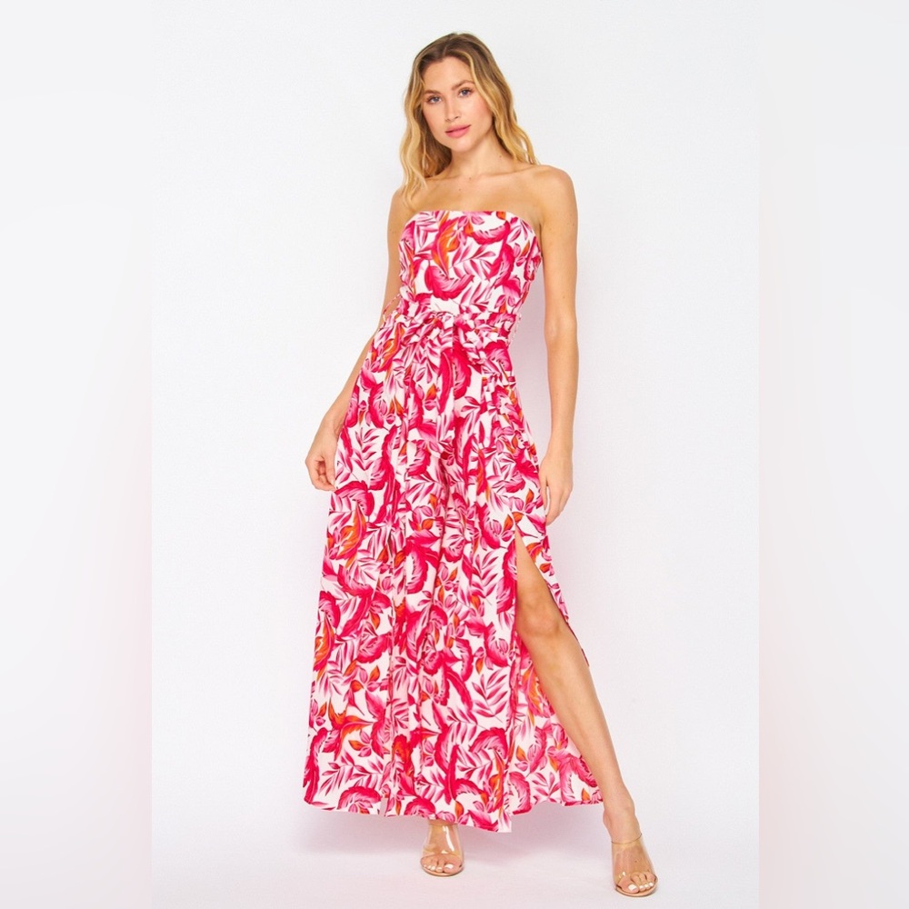 Strapless Pink Tropical Jumpsuit